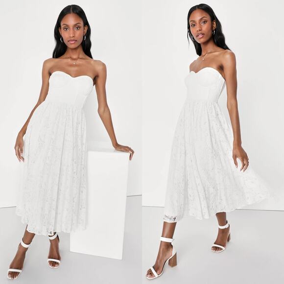 Lulus Exquisite Aura White Lace Strapless Bustier Midi Dress - Picture 1 of 11